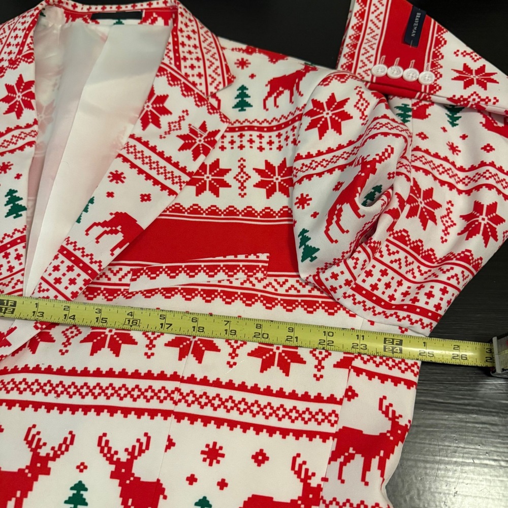 Braveman Mens Christmas Suit Fair Isle Reindeer Snowflake Red White‎ 46R 40W - Picture 7 of 12